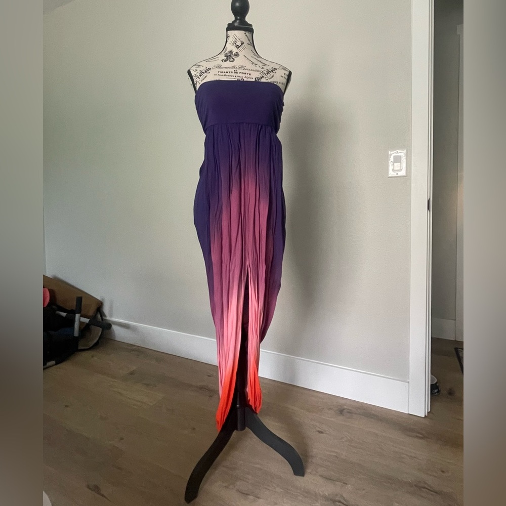 Tiare Hawaii Purple and Orange Strapless Sundress with Slit